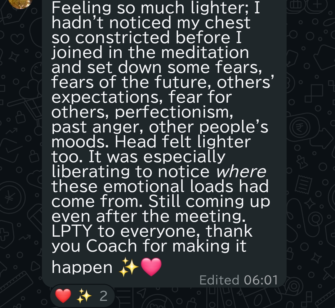 Message: feeling lighter after setting down fears in the guided meditation