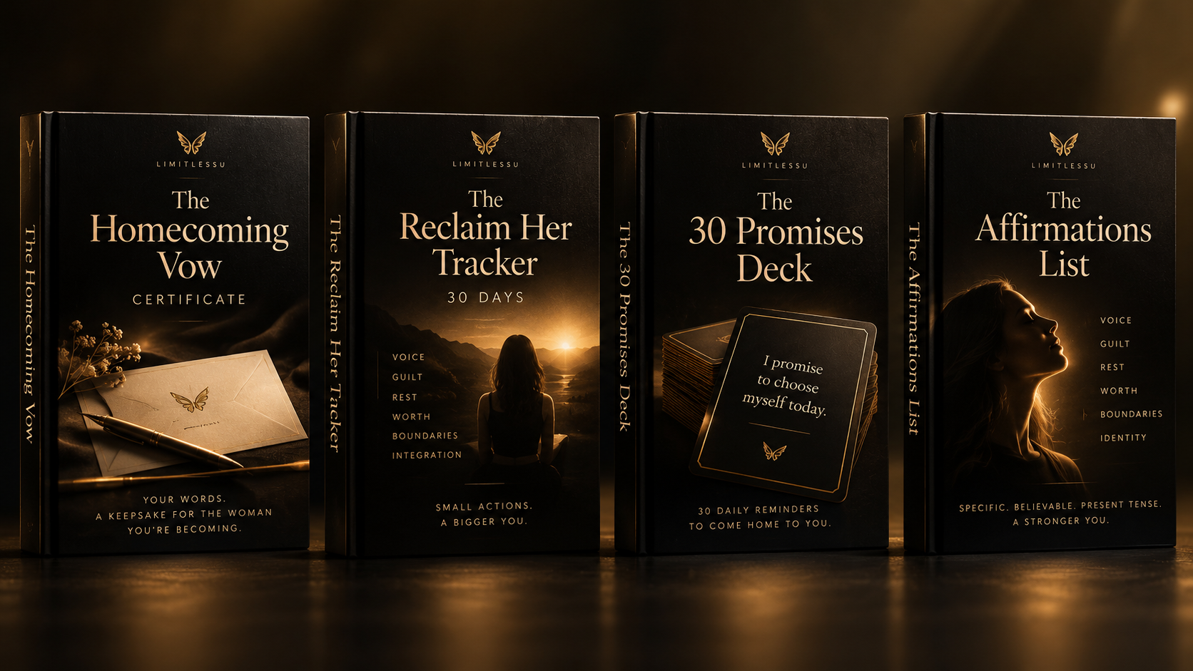The four LimitlessU gifts: The Homecoming Vow Certificate, The Reclaim Her Tracker, The 30 Promises Deck, and The Limitless Affirmations List